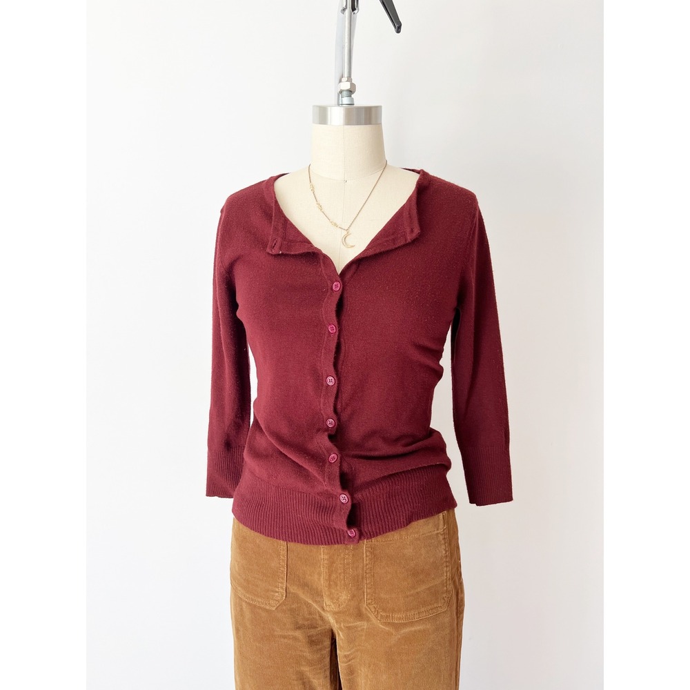 Modcloth Charter School Cardigan Burgundy Wine Red 3/4 Sleeve Knit Librarian M - Picture 5 of 8